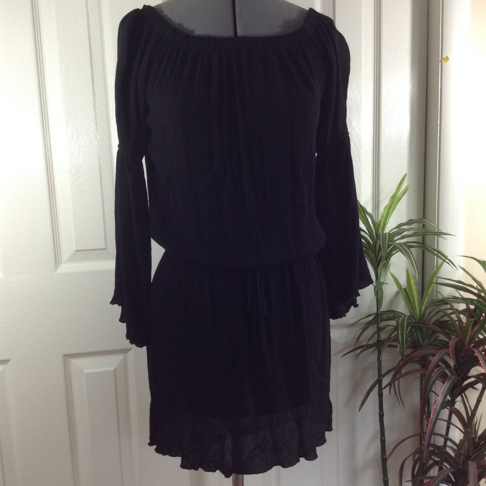 Elan Black Crinkle Gauze Off Shoulder Dress